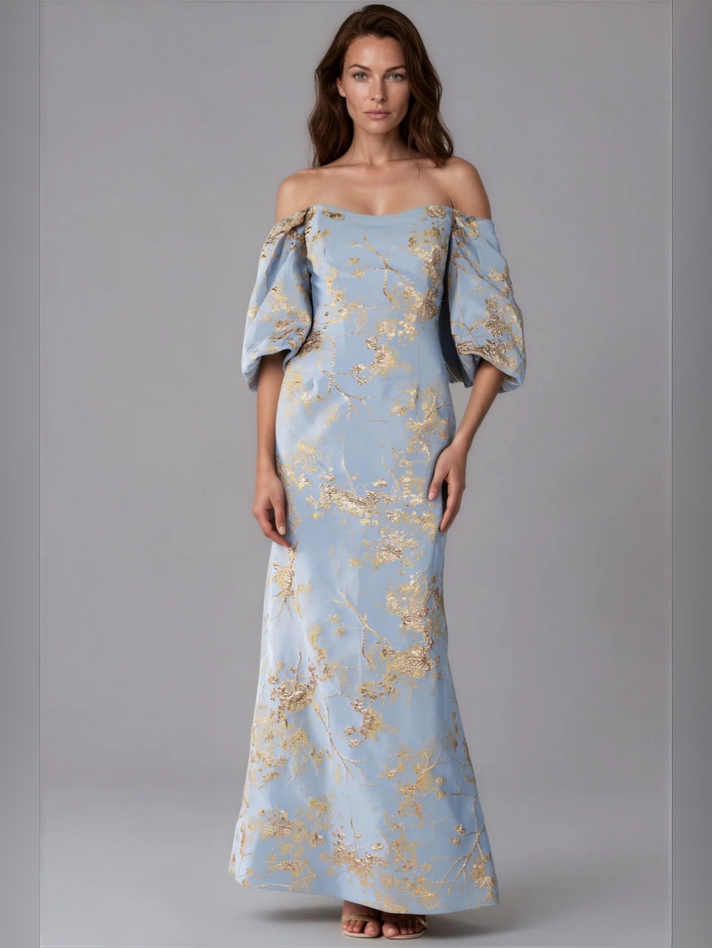 Rene Ruiz Sky Blue and Gold Off-Shoulder Evening Gown